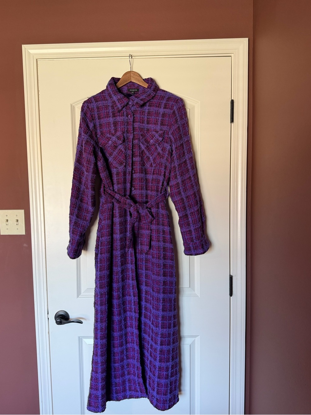 Plaid Long Sleeve Belted Shirt Dress Coat in Purple